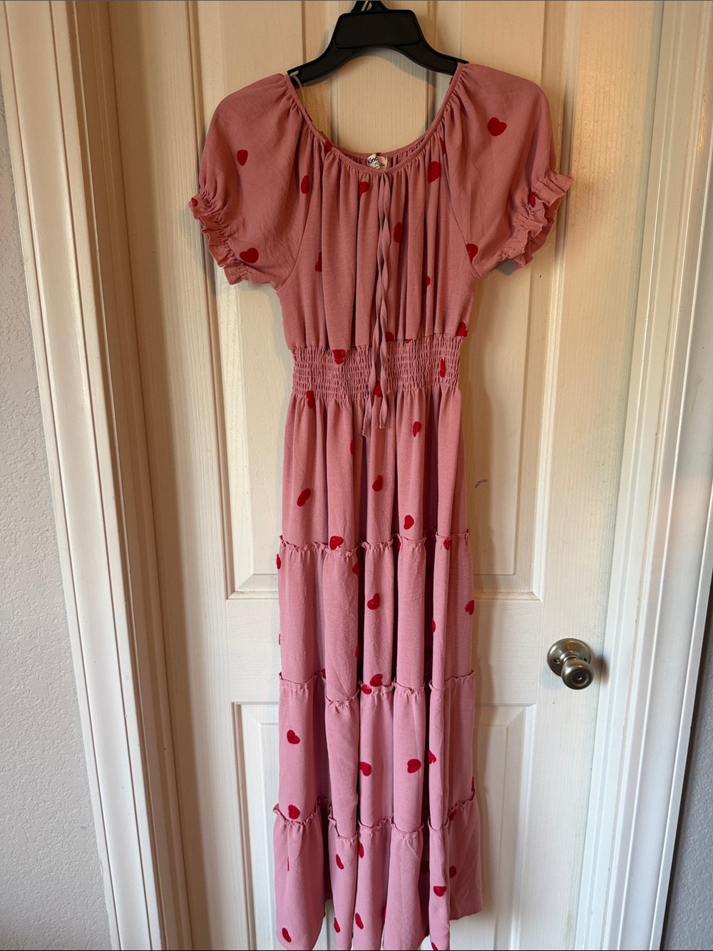 Pink Heart-Print Tiered Maxi Dress